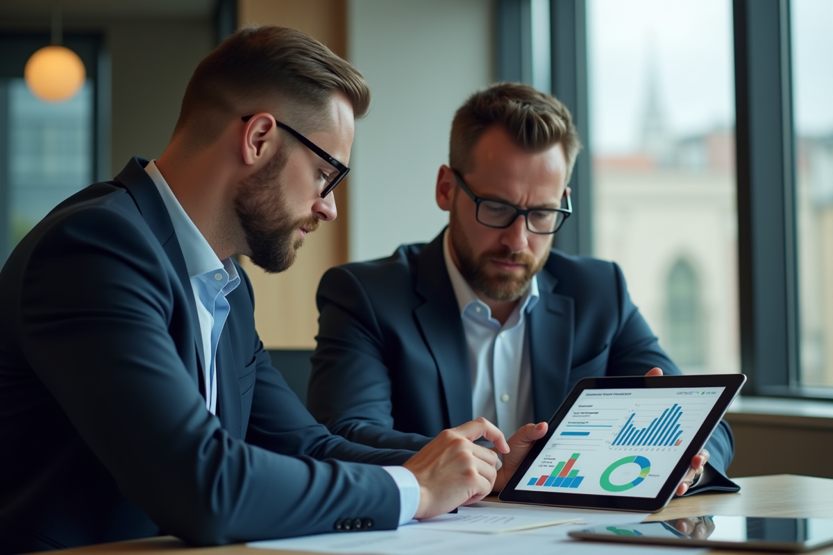 Deux administrateurs municipaux collaborant avec une tablette en intérieur