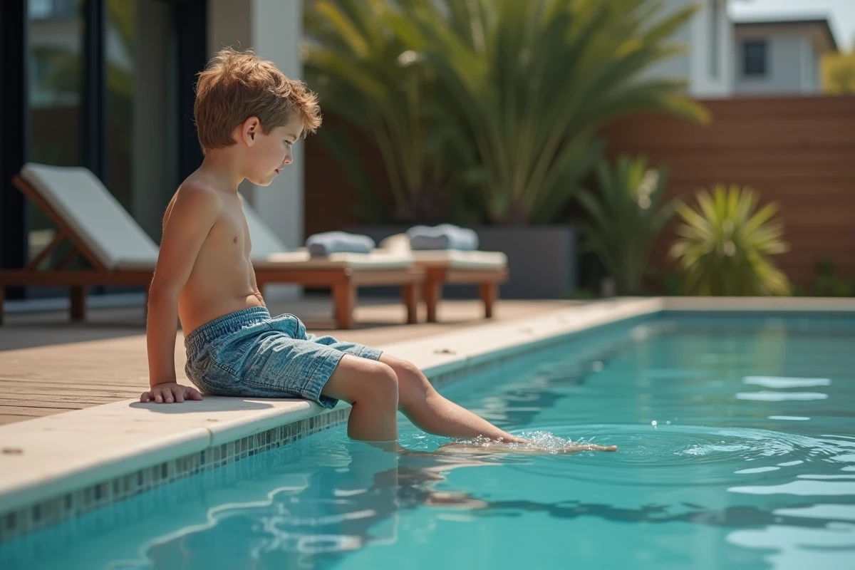Jeune garçon en boardshorts assis au bord de la piscine
