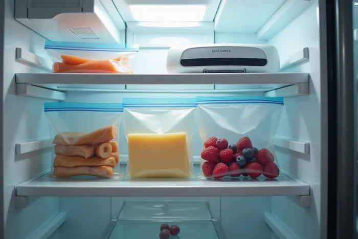 Aliments sous vide avec le FoodSaver V2860 bien organisés dans un réfrigérateur ouvert