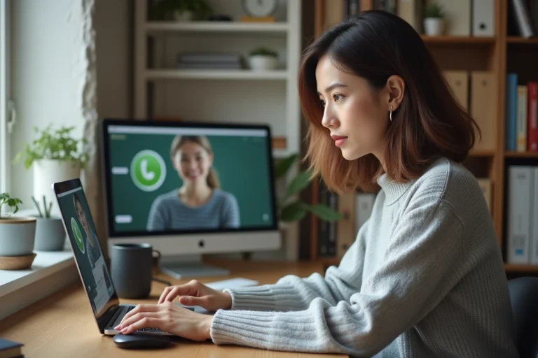 Femme utilisant WhatsApp Web sur un ordinateur portable pour passer un appel vidéo depuis son bureau à domicile