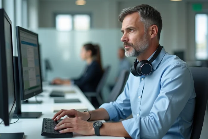 Homme en entreprise passant un appel WhatsApp Web depuis son navigateur sur un grand écran de bureau