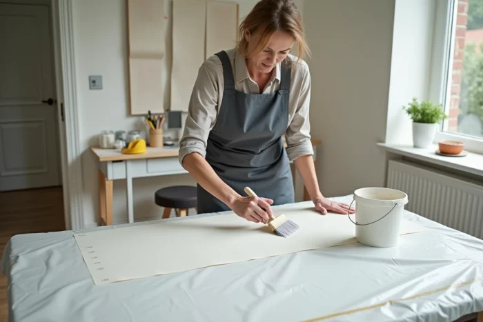 Femme appliquant la colle sur un lé de papier peint intissé avant la pose, étape de préparation