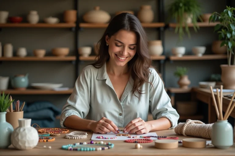 Femme créant des bijoux artisanaux dans un atelier chaleureux