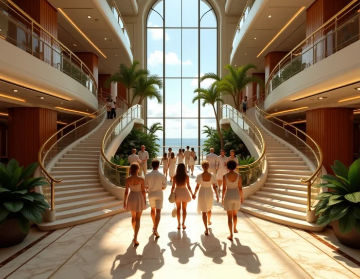 Grand atrium luxueux du bateau de croisière Costa Deliziosa avec escaliers en marbre et passagers élégants