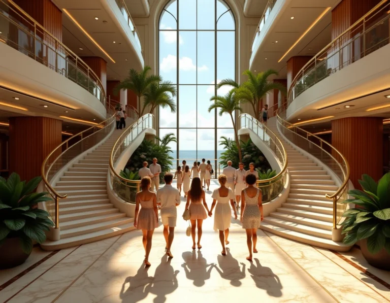 Grand atrium luxueux du bateau de croisière Costa Deliziosa avec escaliers en marbre et passagers élégants