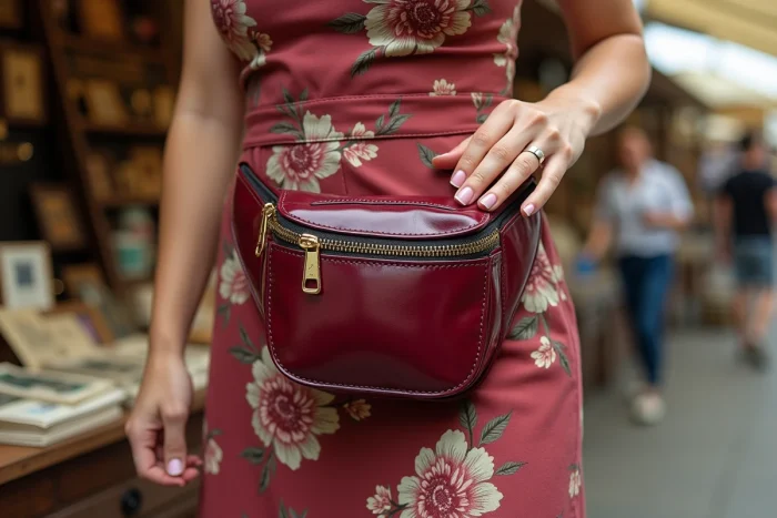 Femme portant une banane rétro en vinyle bordeaux à boucle dorée sur une robe fleurie dans un marché vintage