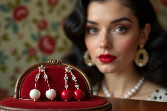 Boucles d'oreilles cerises et perles disposées sur un coussin velours vintage, bijoux rétro guinguette