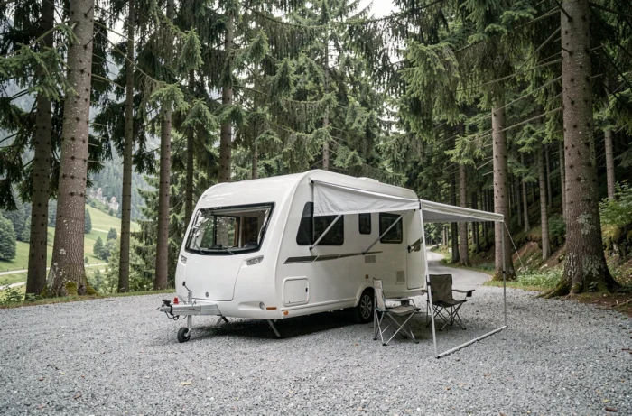 Camping-car stationné sur une aire naturelle en forêt du Jura près de la cascade du Hérisson