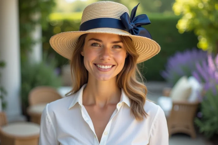 Femme portant un chapeau de paille à ruban marine, accessoire tendance pour un look guinguette rétro