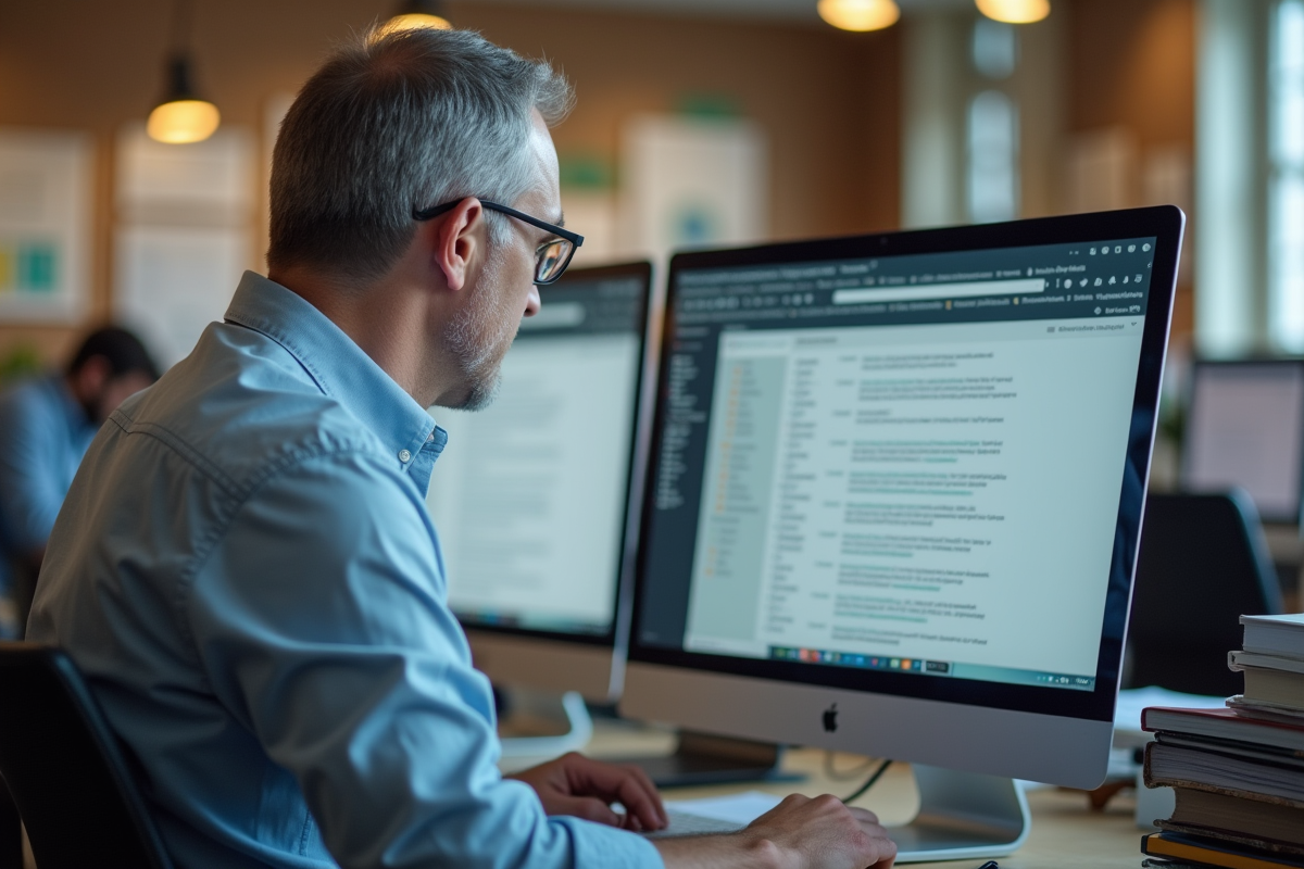 Chercheur étudiant examine ses emails dans un espace partagé