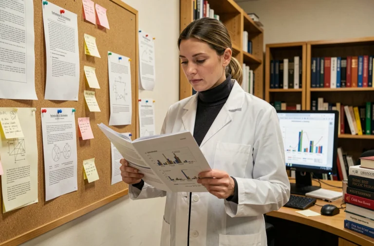 Chercheuse professionnelle examinant des publications scientifiques dans un bureau universitaire rempli de ressources académiques