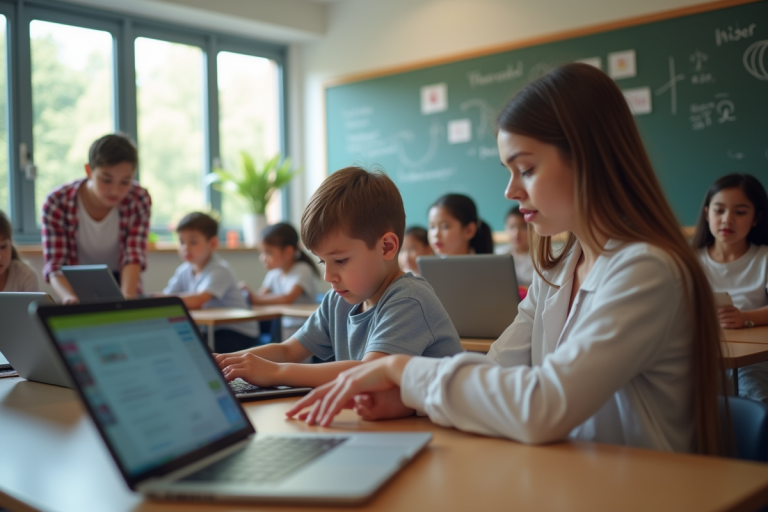 Salle de classe moderne avec parents et enfants utilisant des tablettes