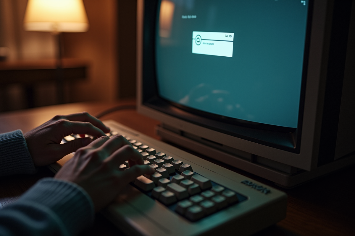 Mains tapant sur un clavier ancien avec un écran d