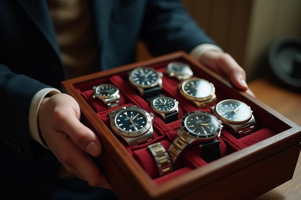 Collectionneurs tenant plusieurs montres haut de gamme dans une boîte