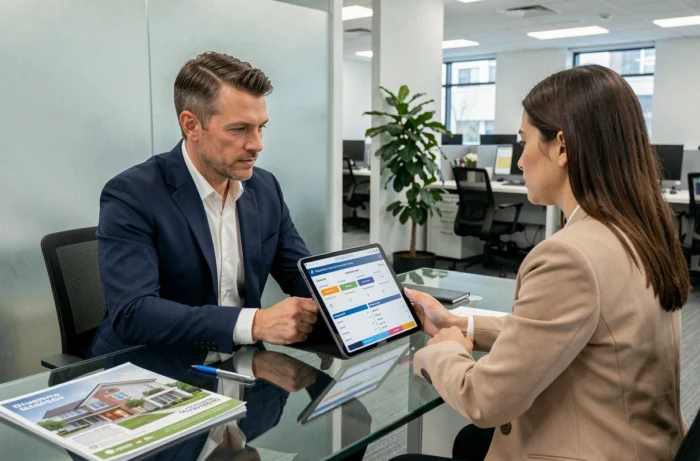 Conseiller bancaire présentant les options de crédit immobilier à une cliente dans une agence moderne
