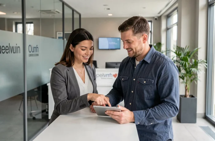 Deux professionnels consultant les services Absolutis sur une tablette dans un espace d'accueil moderne