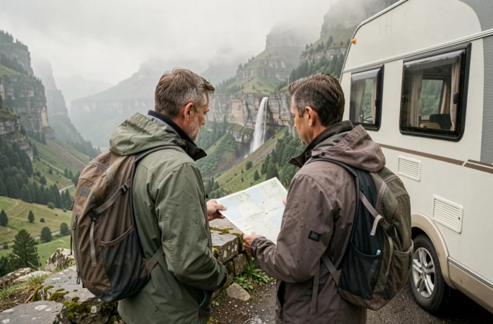 Couple de campeurs en camping-car consultant une carte de randonnée face à la cascade du Hérisson dans le Jura