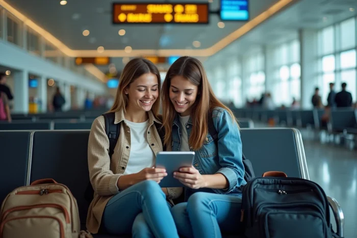 Couple comparant les prix et le calendrier des vols Ryanair sur une tablette dans un aéroport avant leur voyage