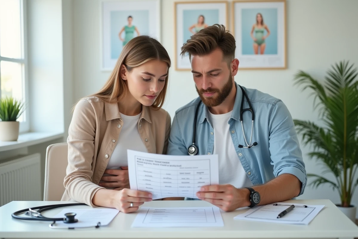 Jeune couple regardant un graphique HCG dans un cabinet médical lumineux