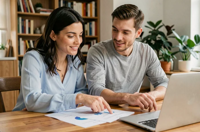 Couple étudiant des documents de crédit immobilier à la table de leur appartement moderne