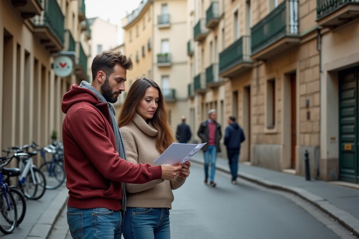 Jeune couple regardant une annonce immobiliere dans la rue