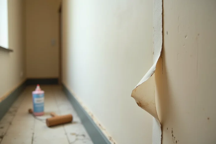 Décollage au niveau du joint entre deux lés de papier peint intissé dans un couloir ancien