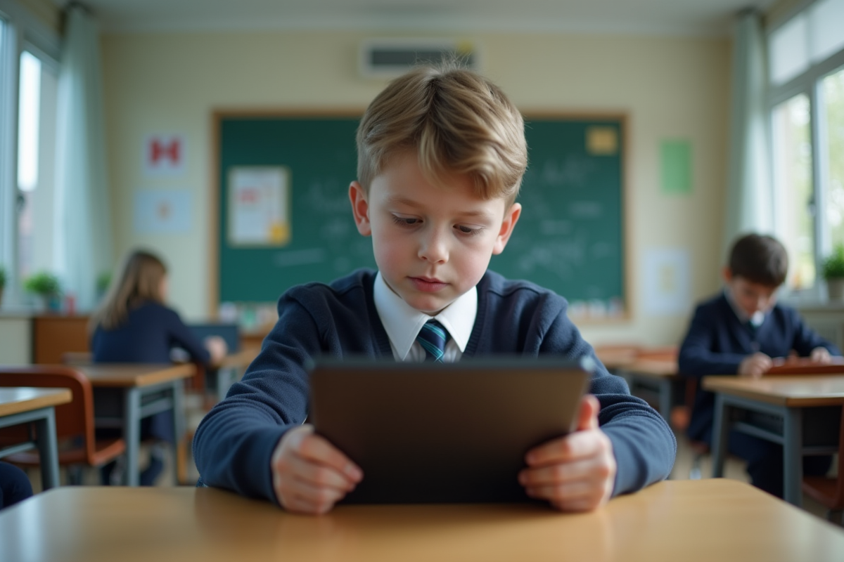 Jeune élève concentré sur une tablette dans une classe bien organisée