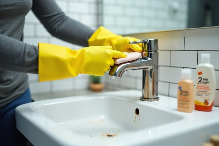 Femme appliquant un produit anti-rouille sur un robinet en chrome dans une salle de bain avec des gants jaunes