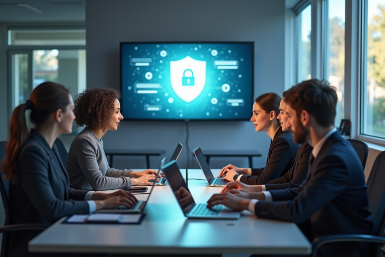 Groupe de professionnels utilisant une messagerie securisee en bureau