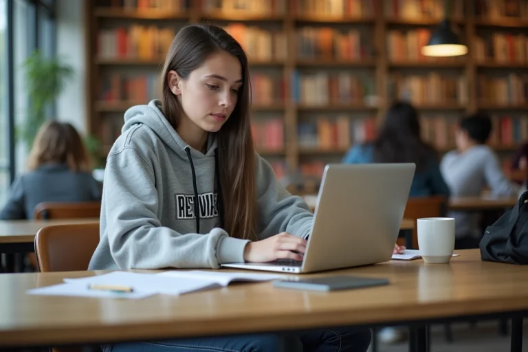 Étudiante remplissant sa candidature en ligne sur le portail e-candidat de Besançon dans une bibliothèque universitaire