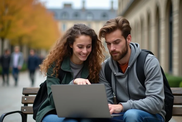 Deux étudiants consultant ensemble le portail e-candidat de Besançon sur un campus universitaire en plein air