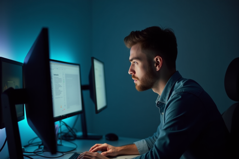Expert digital confiant travaillant tard dans un bureau moderne