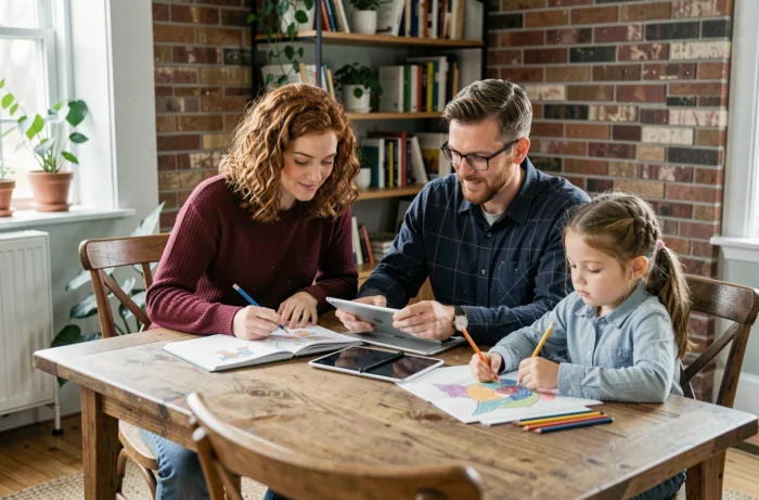 Famille organisée autour d'un planificateur familial et d'une tablette, conseils et tendances pour parents modernes