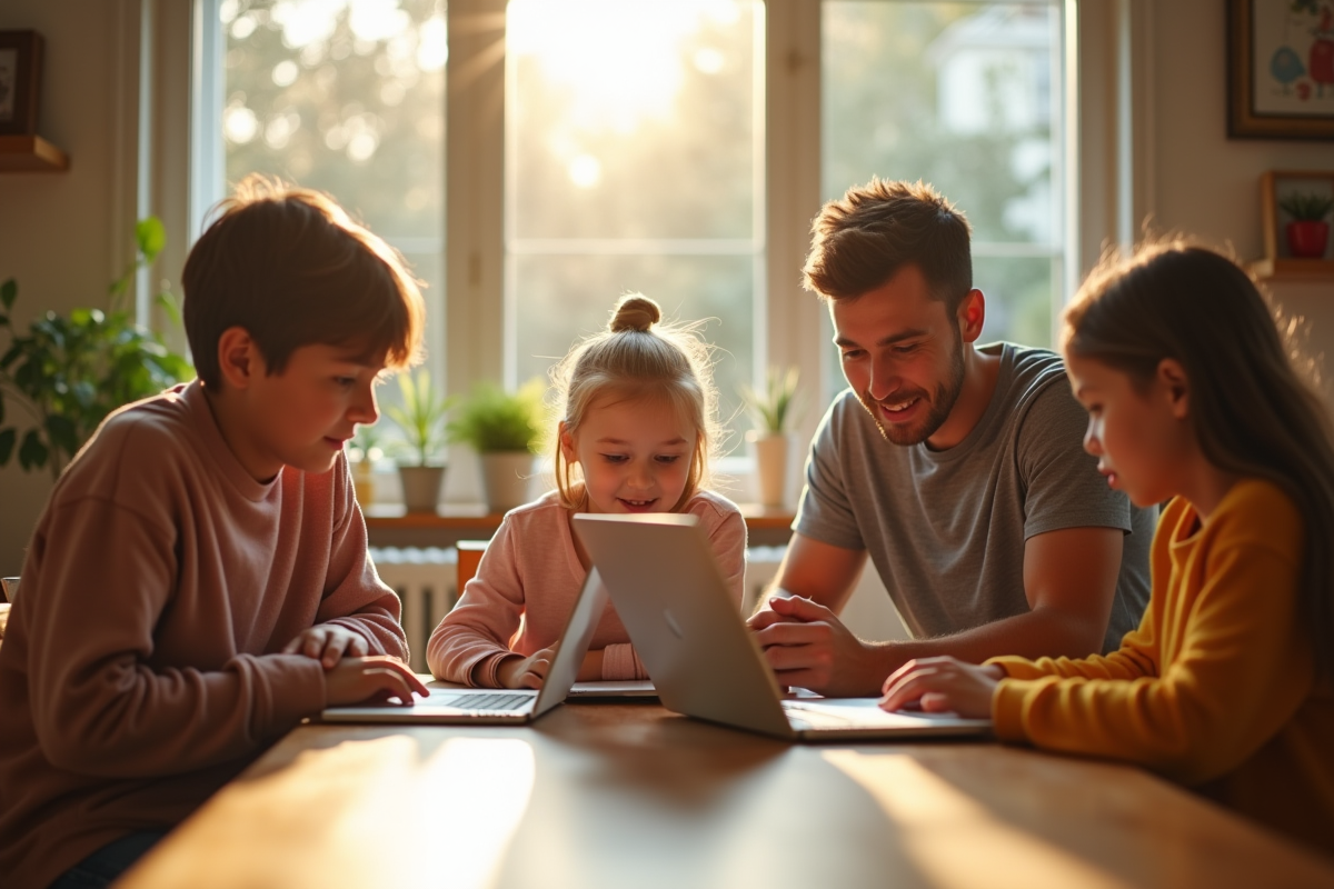 Famille à la maison utilisant des ordinateurs pour l apprentissage