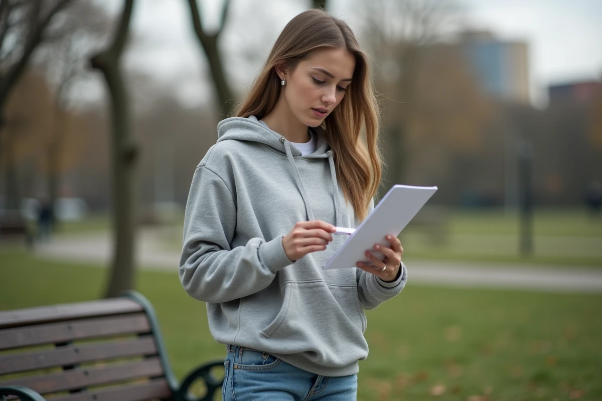 Jeune femme tenant un kit de test salivaire en plein air