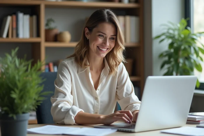 Femme souriante dans un bureau moderne avec ordinateur portable