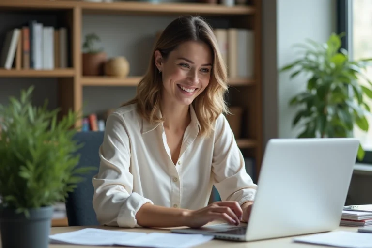 Femme souriante dans un bureau moderne avec ordinateur portable