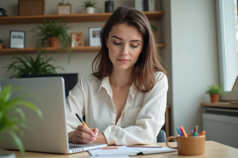 Femme concentrée travaillant sur son ordinateur dans un bureau lumineux