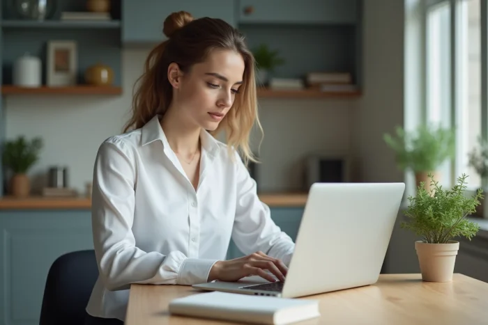 Femme travaillant sur un ordinateur dans une cuisine moderne