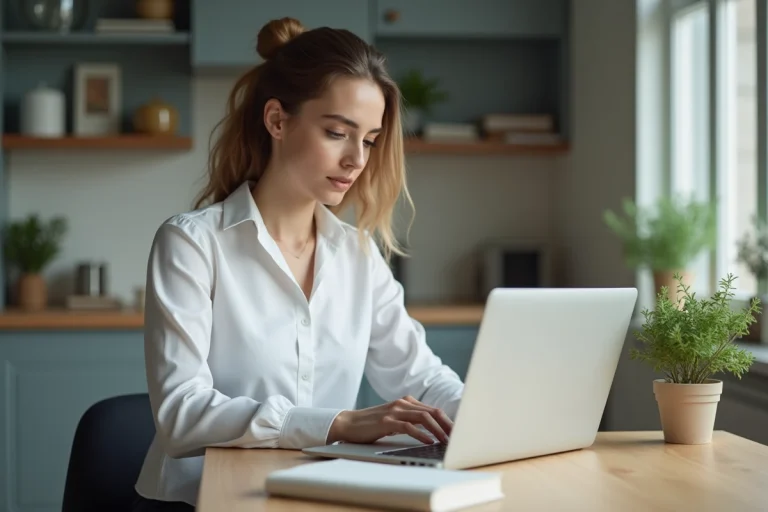 Femme travaillant sur un ordinateur dans une cuisine moderne