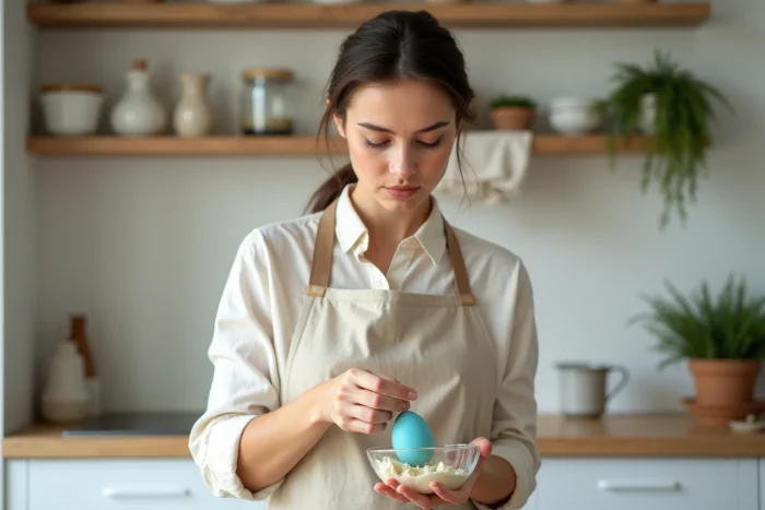 Jeune femme en tablier de lin cassant un œuf bleu dans un bol en verre dans une cuisine maison aux étagères en bois