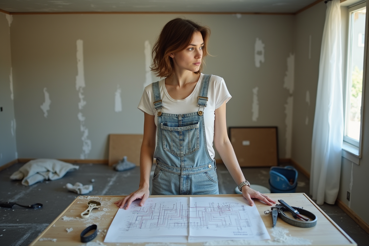 Jeune femme étudie schémas électriques dans salon en travaux