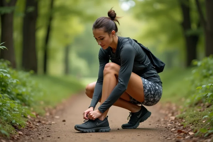 Femme sportive préparant son équipement de trail running en pleine nature