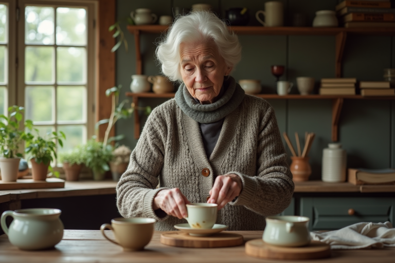 Femme âgée préparant une infusion aux herbes dans une cuisine chaleureuse