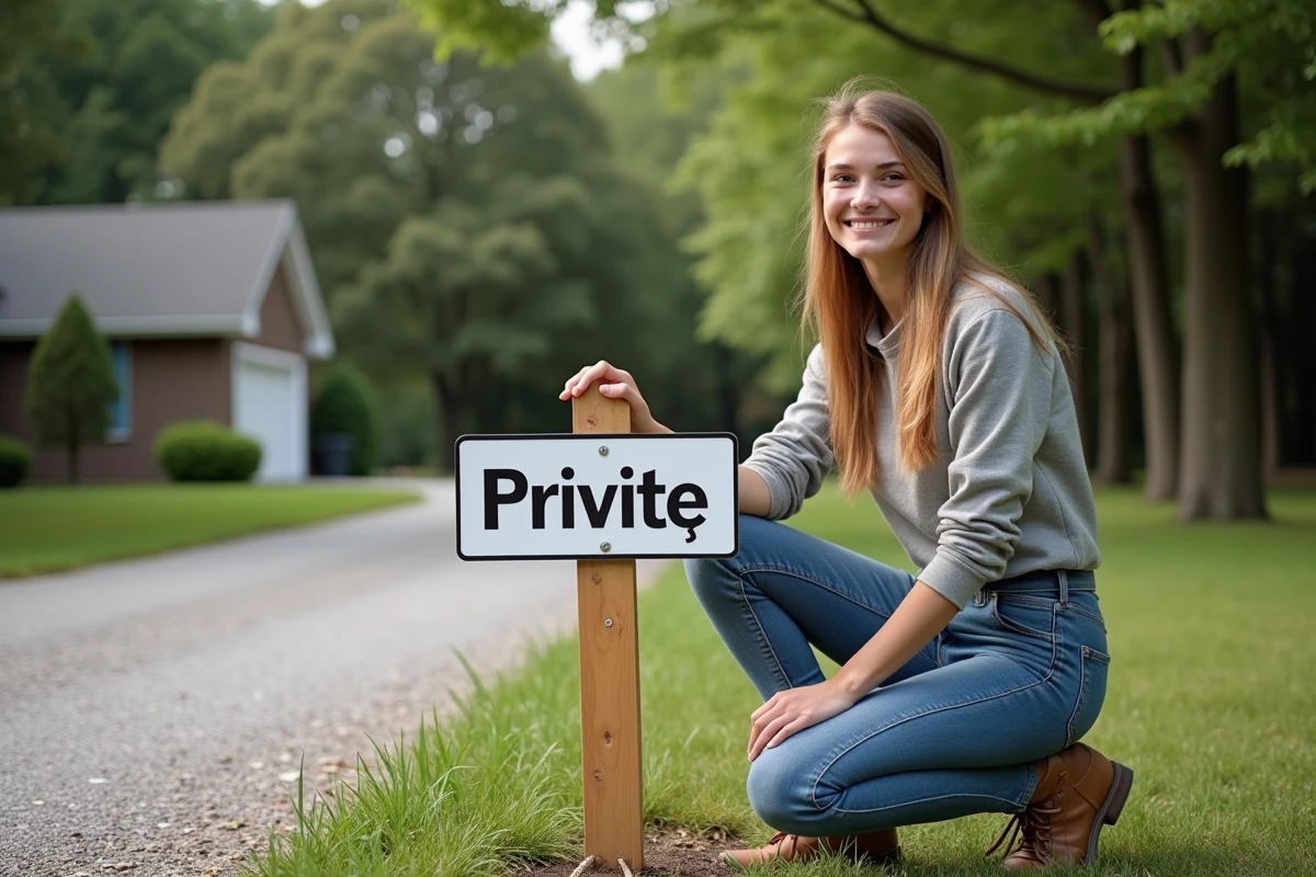 Jeune femme fixant panneau de stationnement privé