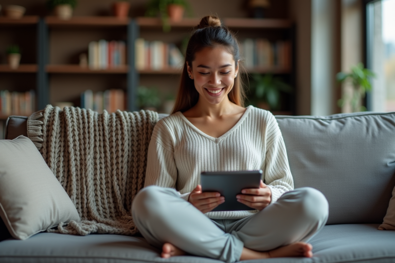 Jeune femme détendue regardant une série sur tablette