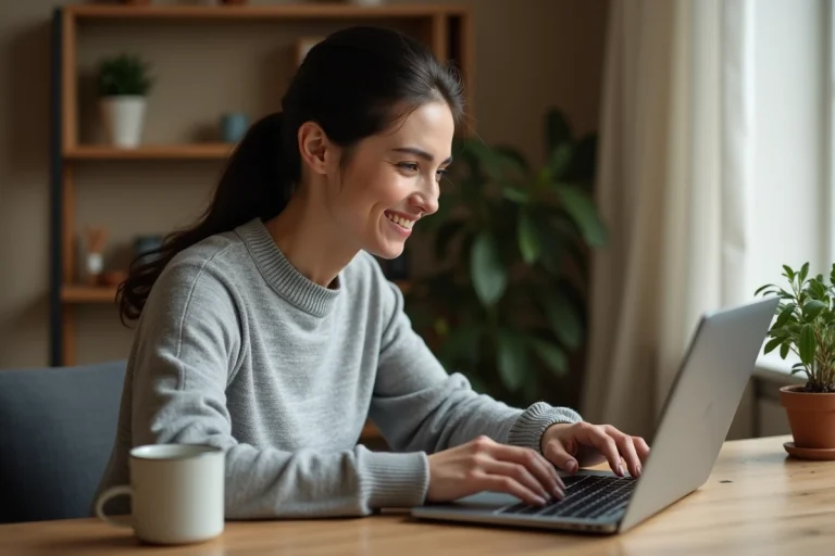 Femme naviguant sur un site web depuis son bureau à domicile, illustrant la navigation facile sur D'clic Lab