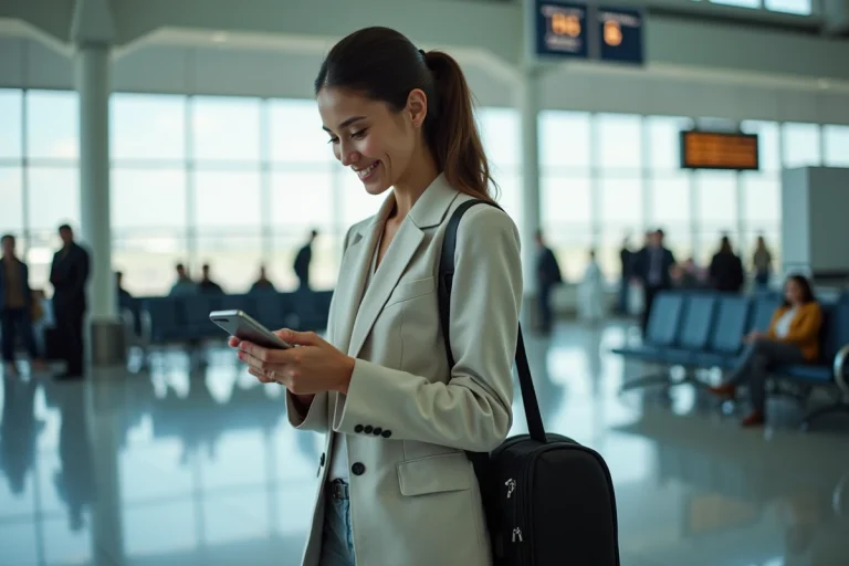Femme vérifiant les prix Ryanair sur son smartphone dans un terminal d'aéroport moderne avant de voyager