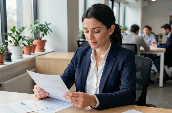 Femme professionnelle consultant des documents de services Absolutis dans un bureau moderne
