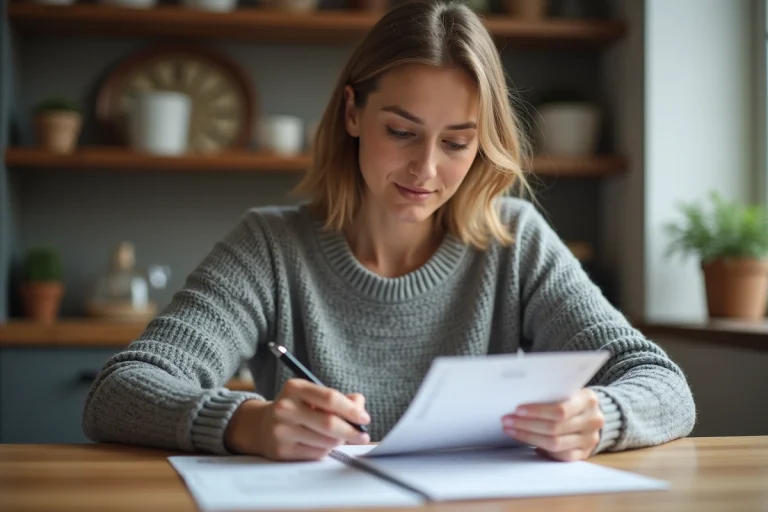 Femme en sweater gris regardant son relevé bancaire